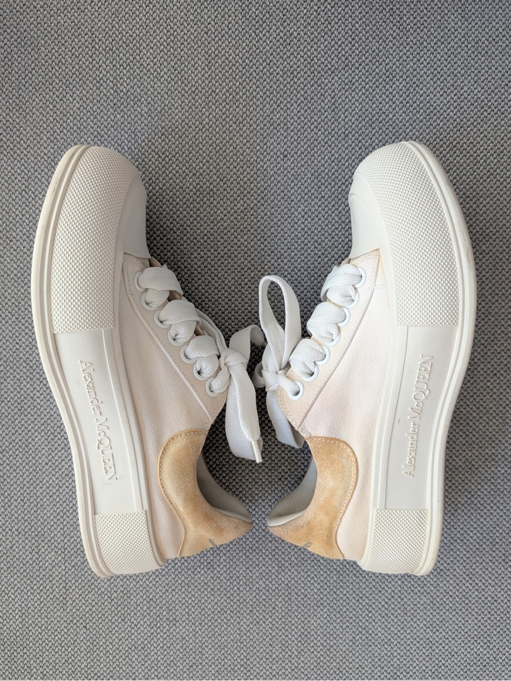 Alexander McQueen White Canvas Sneakers with Tan Suede Heel